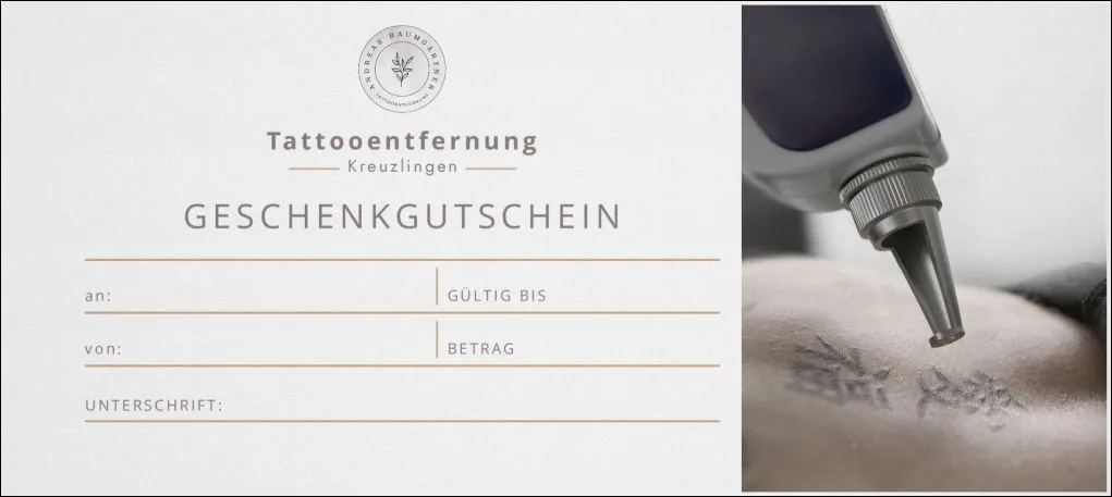 Vorderseite des Gutscheins für eine Tattooentfernung in Frauenfeld
